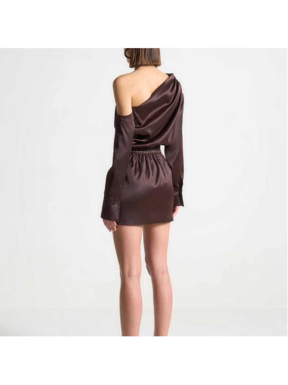 NEW Manière De Voir Dark Chocolate Brown Off Shoulder Satin Dress Size 42/ US 10 - Picture 3 of 11